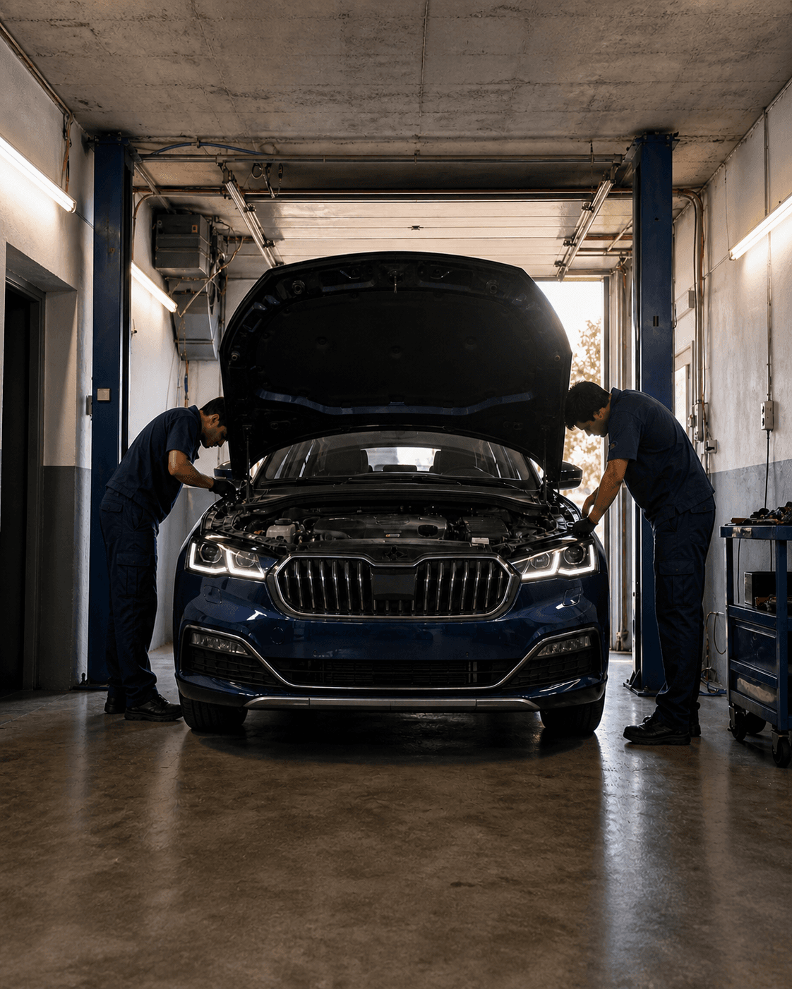 Dva mechanici kontrolují motor modrého vozu v dílně Autoservisu Holý