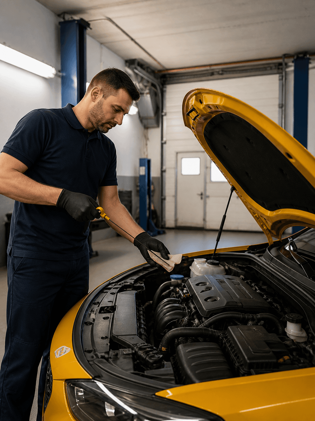 Mechanik kontroluje motorový olej u žlutého vozu