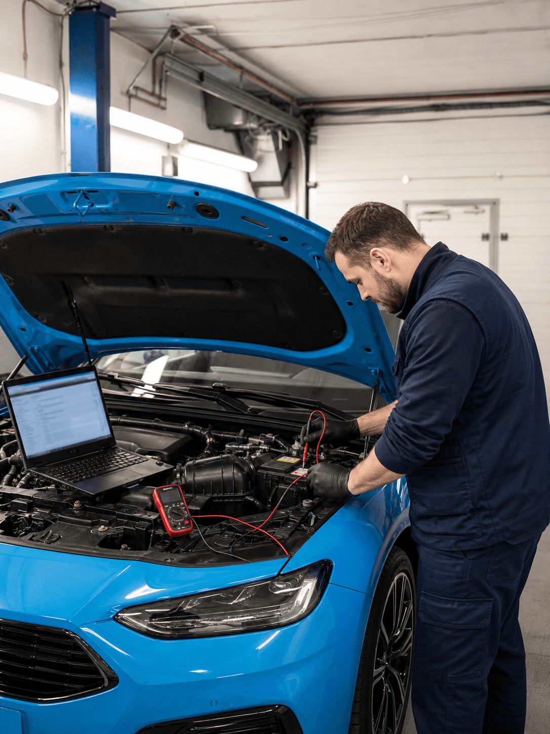 Mechanik diagnostikuje světle modrý vůz pomocí notebooku a multimetru