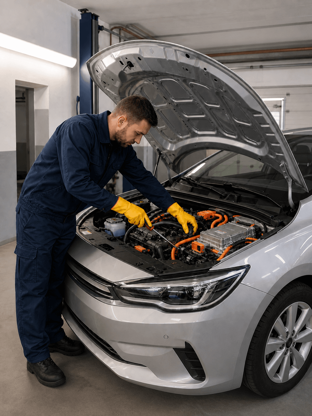Mechanik v izolačních rukavicích servisuje stříbrný hybridní vůz