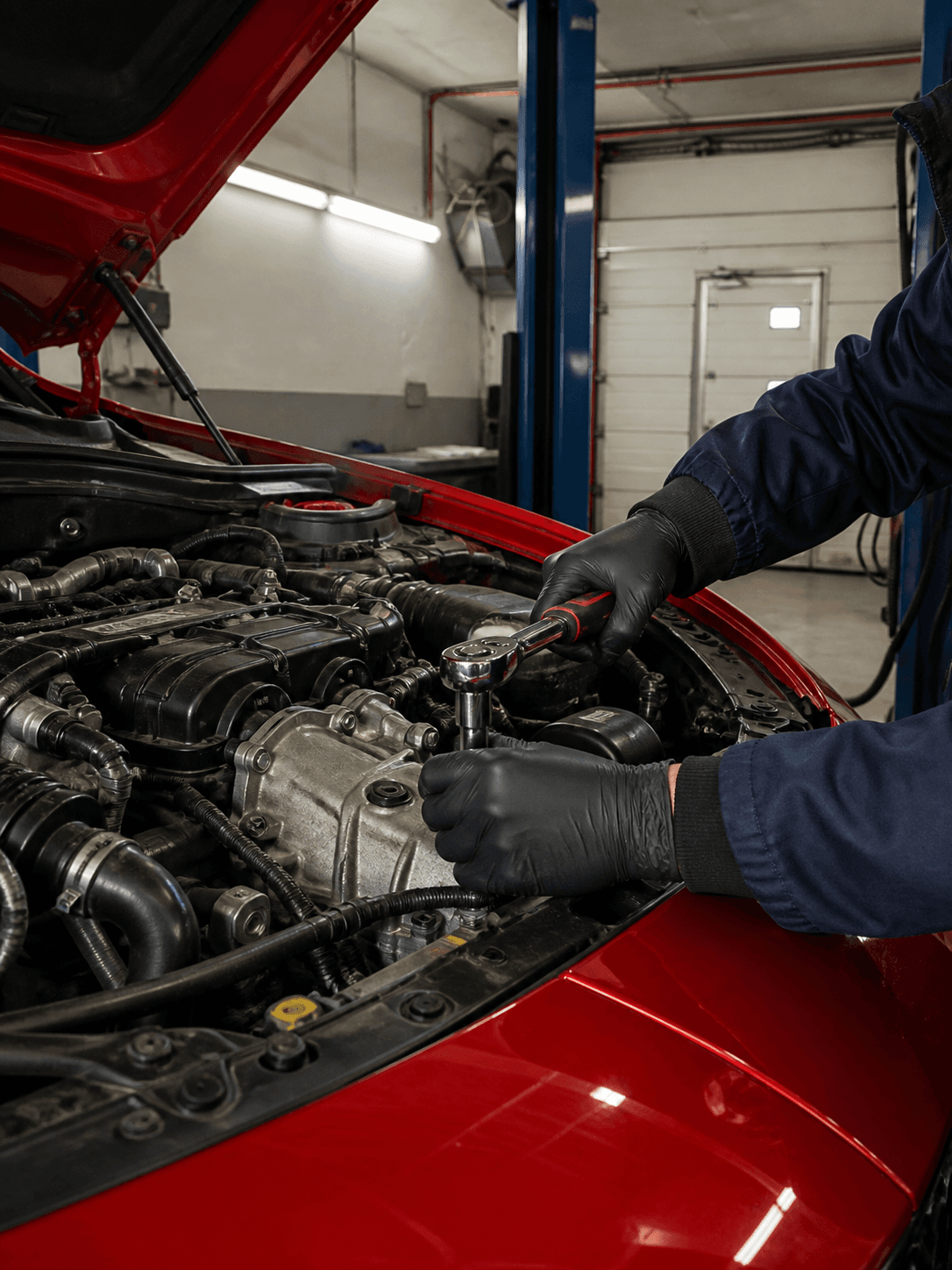 Mechanik opravuje motor červeného vozu pomocí ráčny