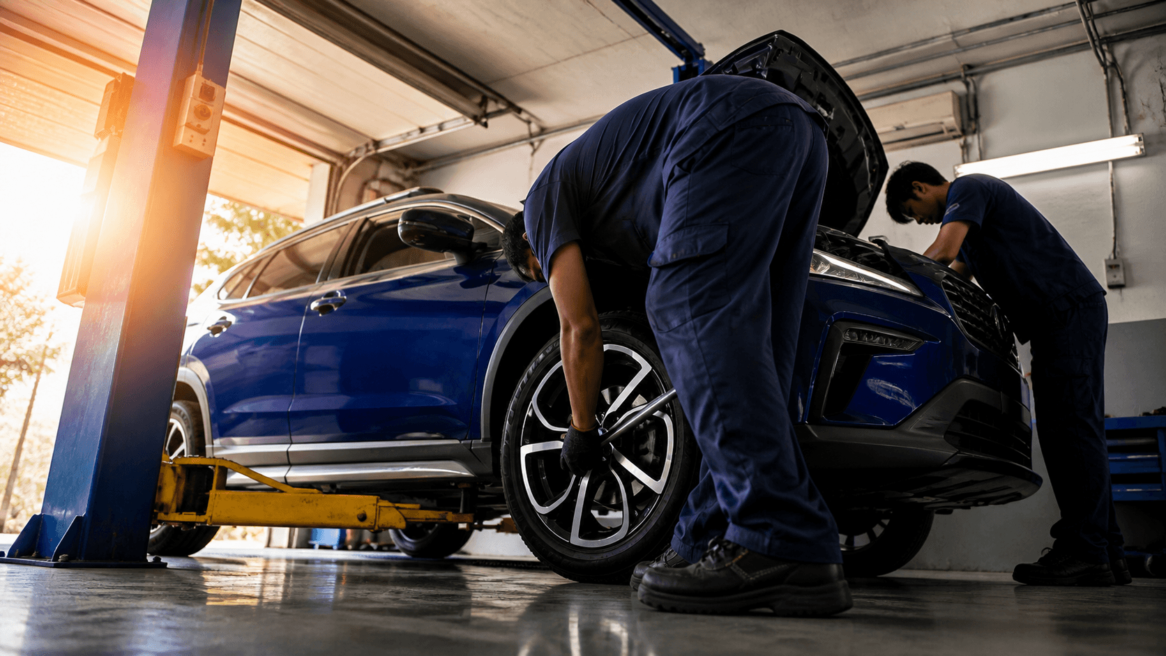 Mechanici Autoservisu Holý při práci na modrém voze